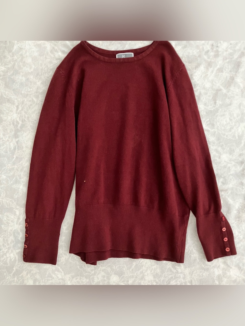 JM Collection Wine Crewneck Sweater with Button Cuffs